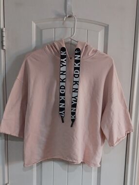 DKNY Light Pink Cropped Hoodie with Logo Drawstrings